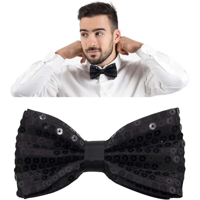 Gece Işıltısı Siyah Payetli Pullu Papyon 7x2 Cm