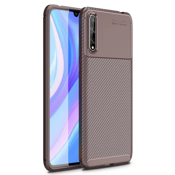 Huawei P Smart S Kılıf Auto Focus Karbon Kapak - Kahverengi