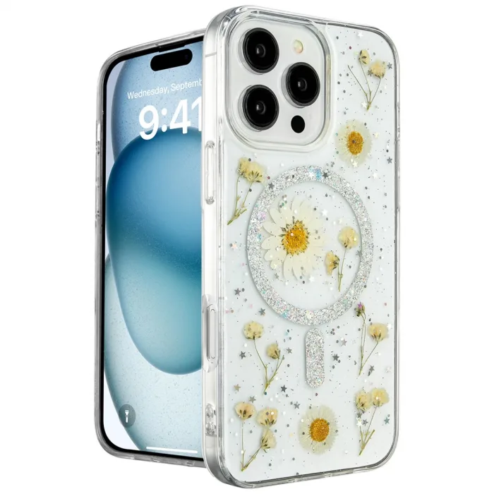 İphone 16 Pro Kılıf Daisy Simli Magsafe Kapak - Gümüş