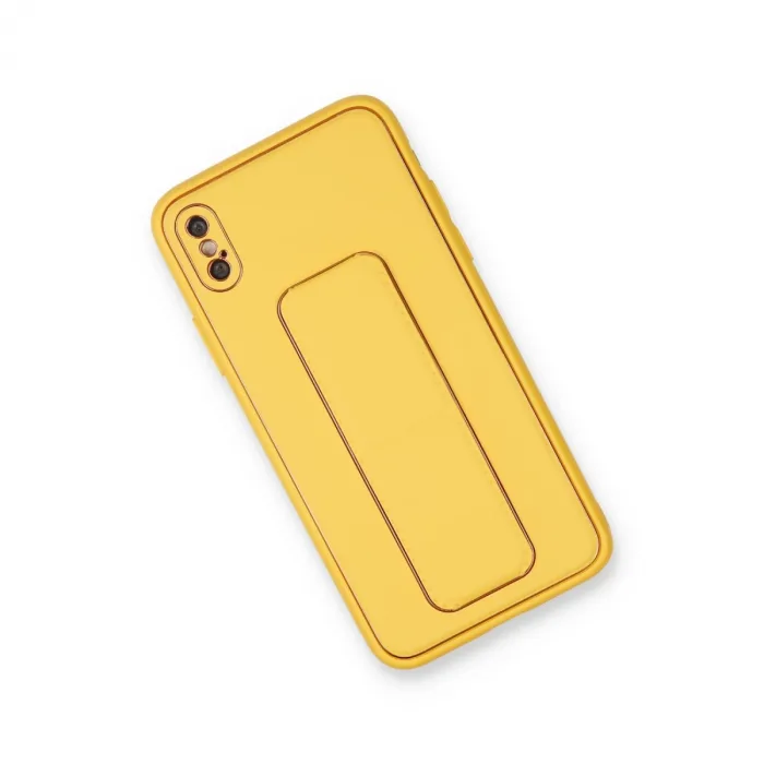 İphone Xs Max Kılıf Coco Deri Standlı Kapak - Sarı