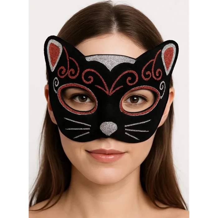 Kadife Dokulu Sim Detaylı Işıltılı Kedi Maskesi Kırmızı Gümüş 20x13 Cm