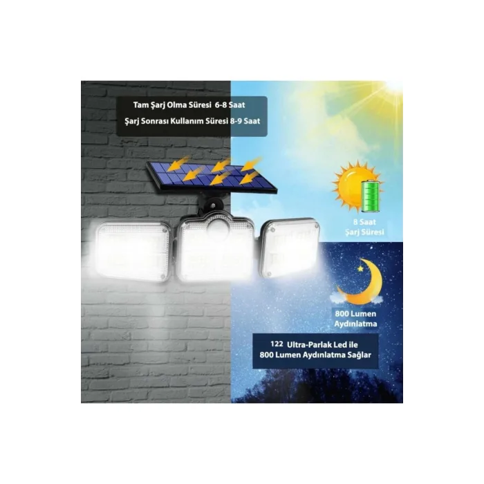 Kumandalı Solar Güneş Enerjili 122 Ledli Hareket Sensörlü Bahçe Aydınlatma Sokak Lambası