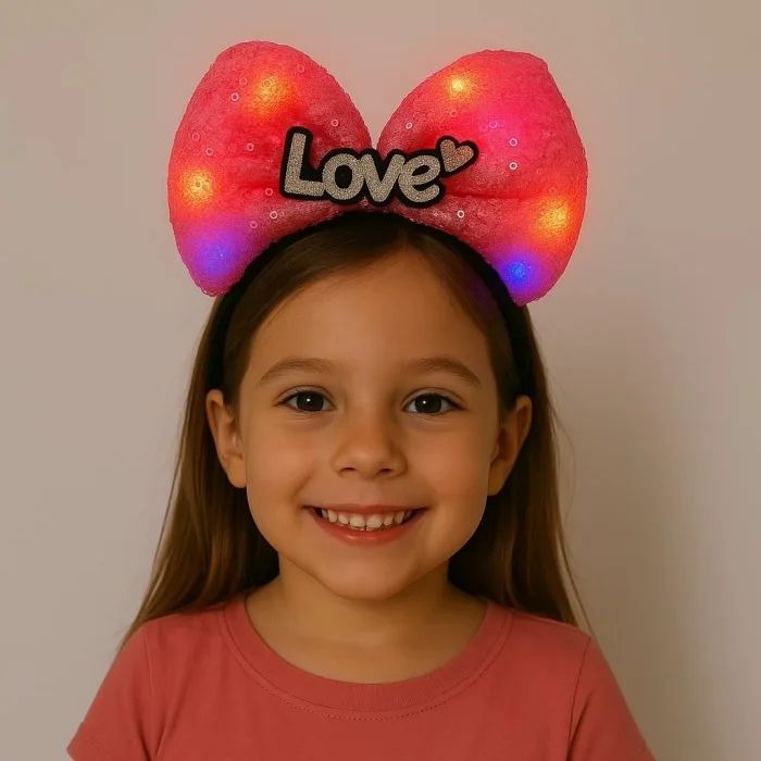 Led Işıklı Love Yazılı Fuşya Fiyonk Taç – Kız Çocuk Parti Tacı