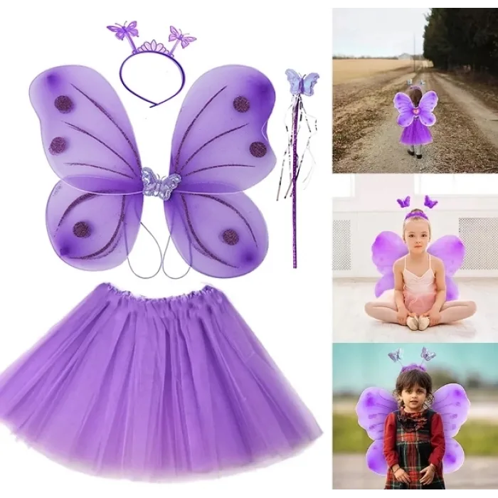 Lila Mor Kelebek Kostümü - Lila Mor Kelebek Kostüm Aksesuar Seti 4 Parça