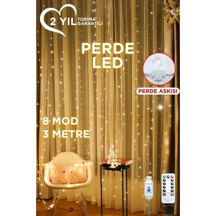 Lw-7 300 Ledli 10 Sarkıt Perde Led Işık, 8 Modlu Uzaktan Kumandalı, 3x3 Metre Peri Telli Led