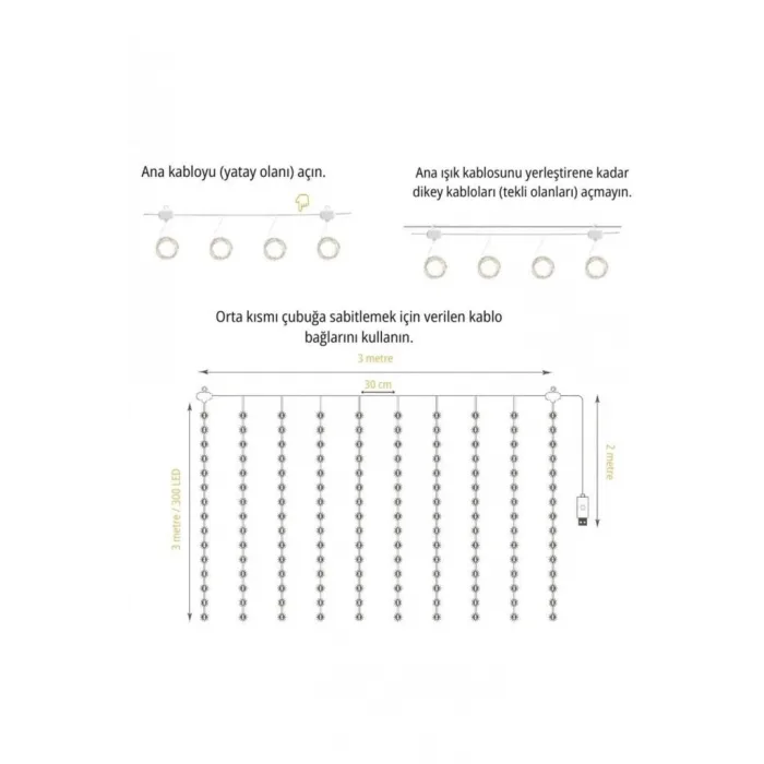 Lw-7 300 Ledli 10 Sarkıt Perde Led Işık, 8 Modlu Uzaktan Kumandalı, 3x3 Metre Peri Telli Led