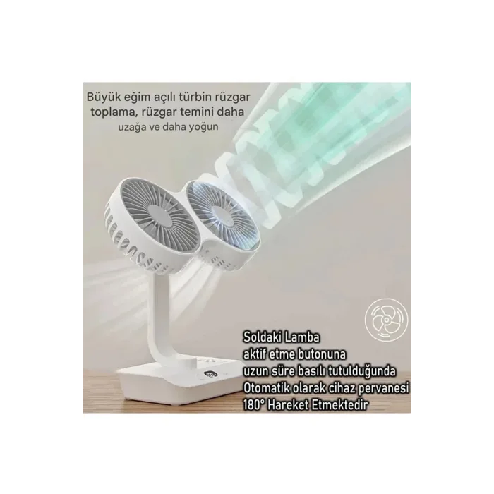 Masaüstü Dijital Ekranlı Çift Fanlı Led Işıklı Soğutucu Fan Ev Ofis Şarjlı Vantilatör