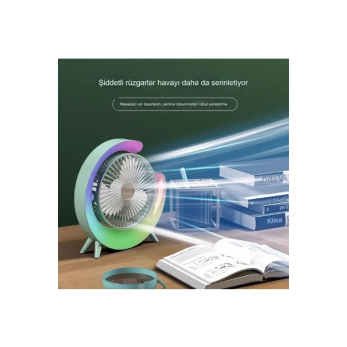 Masaüstü Vantilatör Usb Şarjlı Rgb Led Işıklı 3 Kademeli 180° Ayarlanabilir Soğutucu Fan Yeşil