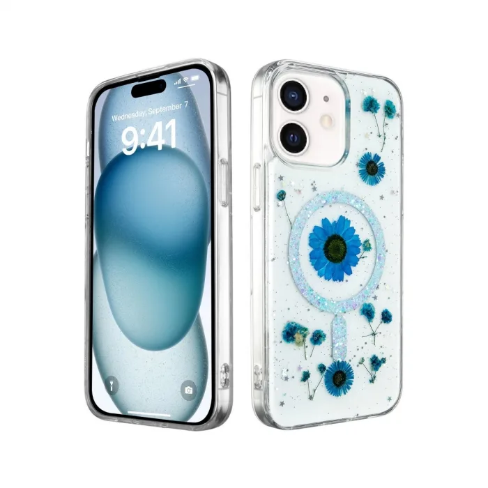 Newface İphone 12 Kılıf Daisy Simli Magsafe Kapak - Mavi