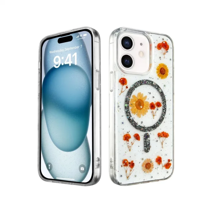 Newface İphone 12 Kılıf Daisy Simli Magsafe Kapak - Siyah