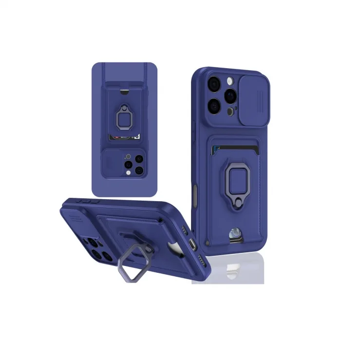 Newface İphone 16 Pro Kılıf Zuma Kartvizitli Yüzüklü Silikon - Lacivert