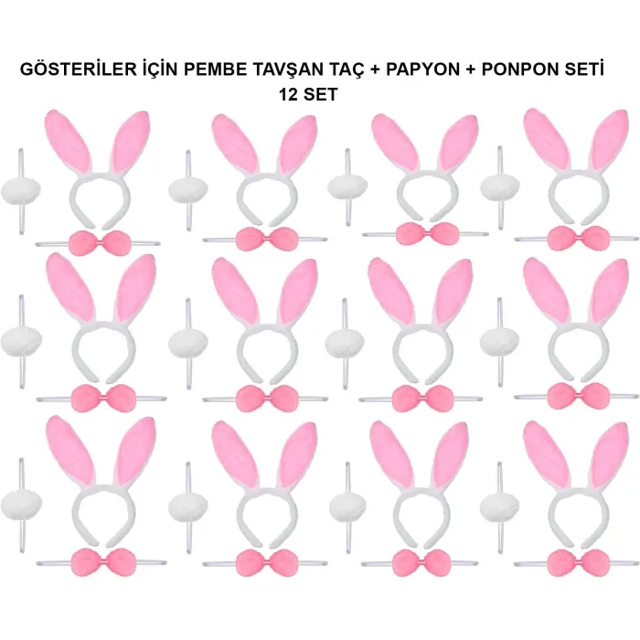 Pembe Tavşan Kostüm Seti – Taç, Papyon, Ponpon (12’li Paket)