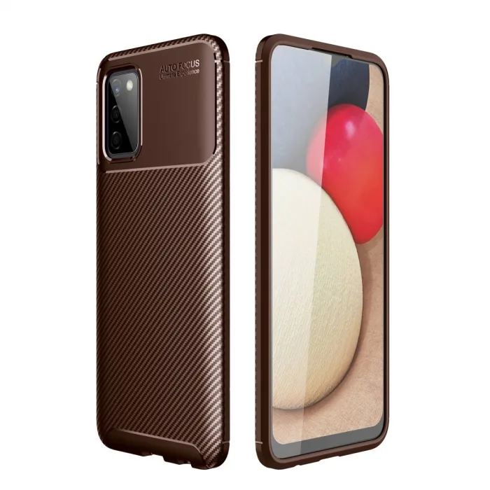 Samsung Galaxy A02s Kılıf Auto Focus Karbon Kapak - Kahverengi