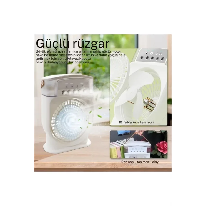 Şarjlı 600 Ml Su Hazneli Taşınabilir Masaüstü Vanilatör  Güçlü Fan Ve 2000 Mah Pil Beyaz