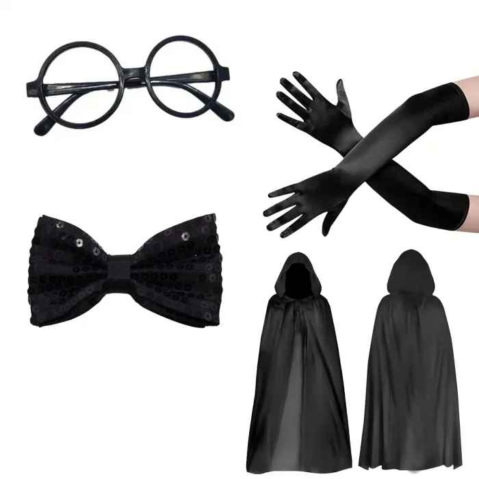 Siyah Kapüşonlu Büyücü Ve Cadı Pelerin Kostüm Seti (4 Parça)
