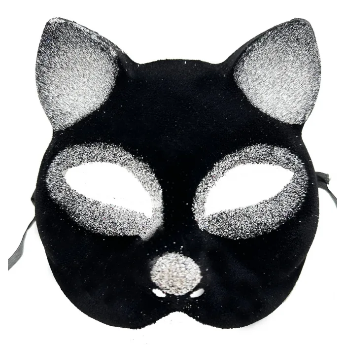 Siyah Renk Gümüş Simli Süet Kaplama Kedi Maskesi 18x14 Cm