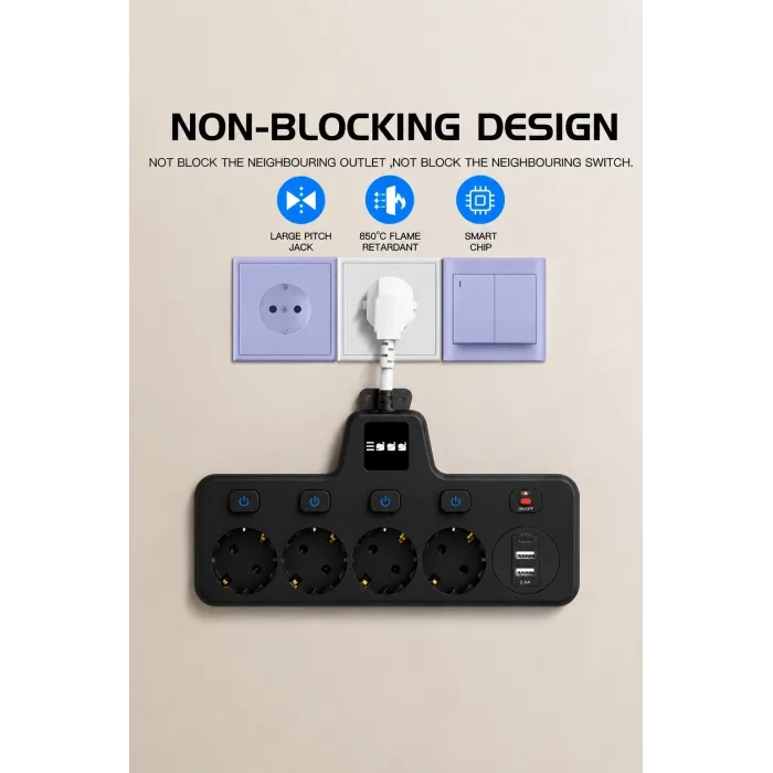 Termal Akım Korumalı 4’lü Duvar Tipi Priz 2x Usb 2x Type-c Çıkışlı Grup Priz Çoğaltıcı Siyah (2500w)