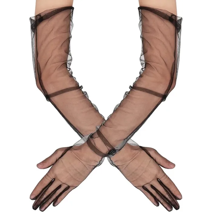 Uzun Boy Likralı Siyah Renk Yetişkin Mega Tül Eldiven 53 Cm