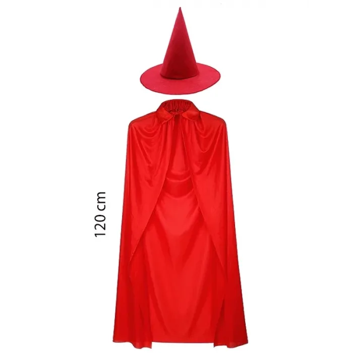 Yetişkin Boy 120 Cm Kırmızı Yakalı Pelerin Ve Kırmızı Cadı Şapkası