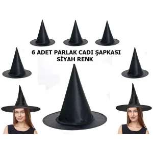 Halloween Siyah Renk Parlak Dralon Cadı Şapkası Yetişkin Ve Çocuk Uyumlu 6 Adet