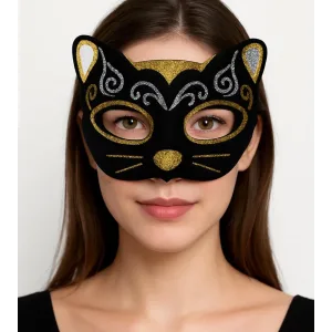 Kadife Dokulu Sim Detaylı Işıltılı Kedi Maskesi Altın Gümüş 20x13 Cm