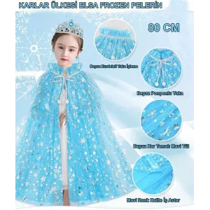 Karlar Ülkesi Elsa Frozen Mavi Pelerin – 80 Cm Kar Desenli Çocuk Pelerini ( Taç Hariç )