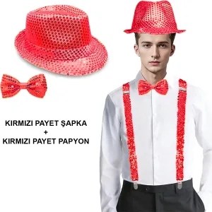 Kırmızı Payetli Şapka Ve Papyon Seti – Parıltılı Yetişkin Kostüm Seti