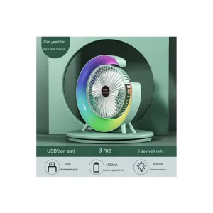 Masaüstü Vantilatör Usb Şarjlı Rgb Led Işıklı 3 Kademeli 180° Ayarlanabilir Soğutucu Fan Yeşil