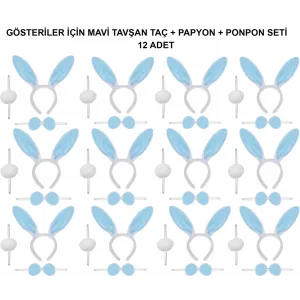 Mavi Tavşan Kostüm Seti – Taç, Papyon, Ponpon (12’li Paket)