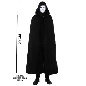 Siyah Kapüşonlu 120 Cm Pelerin Ve Beyaz Boyanabilir Tam Yüz Maske