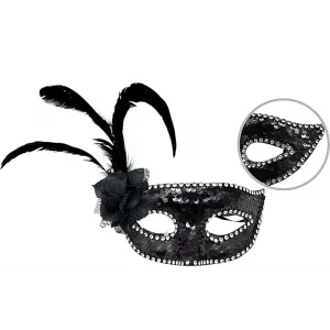 Siyah Renk Yandan Tüylü Güllü Gümüş Taşlı Pullu Maske 20x22 Cm