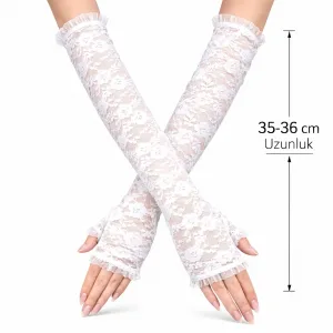 Uzun Zarif Dantel Eldiven Parmaksız Beyaz 35 Cm