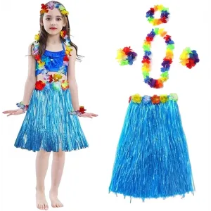 Yetişkin Ve Çocuk Uyumlu Hawaii Luau Aloha Mavi Püsküllü Etek Kolye Taç Ve 2 Adet Bileklik Seti