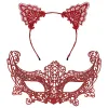 Romantik Kırmızı Dantel Maske Seti – Kedi Kulaklı Taç Ve Maske 3 No