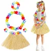 Yetişkin Çocuk Hawaii Parti Seti - 40 Cm Naturel Etek + Çiçek Aksesuarlar (5 Parça)