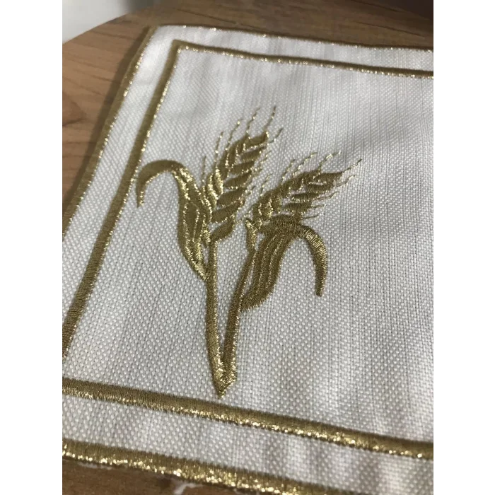 SERVILLETERO DE LINO CON BORDADO DE TRIGO BAÑADO EN ORO EN FORMA DE CUADRADO (CONJUNTO DE 6) PARA CÓCTELES, IDEAL PARA SERVIR JUNTO A LA CAFETERA.