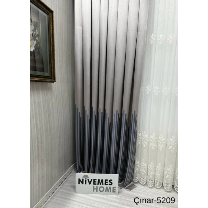 NİVEMESHOME ÇINAR KOYU KAHVE -MAVİ  5209 1/3 SIK PİLELİ FON PERDE APM