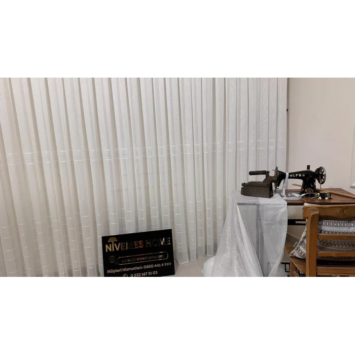 NİVEMESHOME ÇİZGİLİ KURŞUNLU ŞANTUK 1/3 SIK PİLELİ TÜL PERDE APM