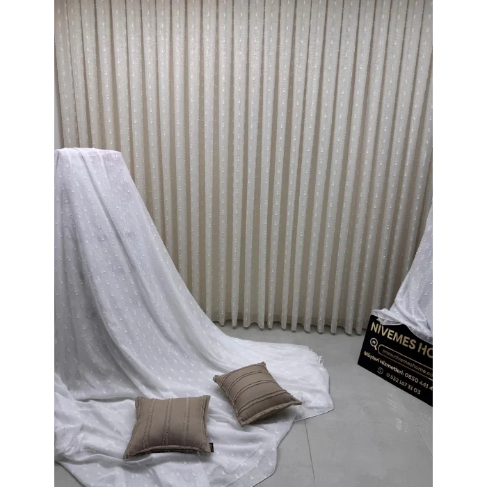 NİVEMESHOME FLORIDA LINO ASPECTO CHAMPÁN CORTINA DE ORGANZA 1/3 DE POMPONES DE ESTILO BOHEMIO CON PLIEGUES APM