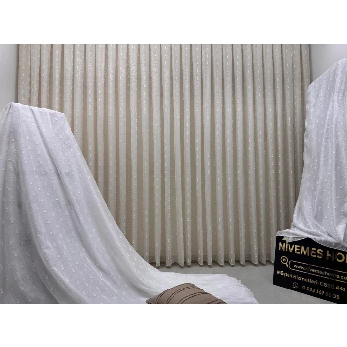 NİVEMESHOME FLORIDA LINO ASPECTO CHAMPÁN CORTINA DE ORGANZA 1/3 DE POMPONES DE ESTILO BOHEMIO CON PLIEGUES APM