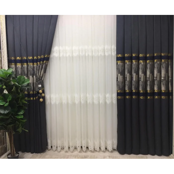 NİVEMESHOME HAYALLİFE ATLAS V-2531 LACİVERT- GOLD 1/3 SIK PİLELİ FON PERDE APM