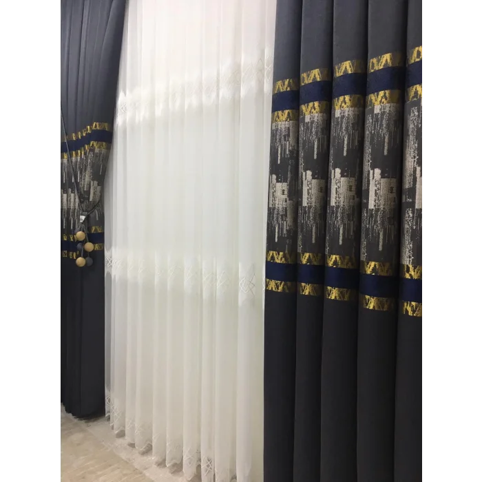 NİVEMESHOME HAYALLİFE ATLAS V-2531 LACİVERT- GOLD 1/3 SIK PİLELİ FON PERDE APM