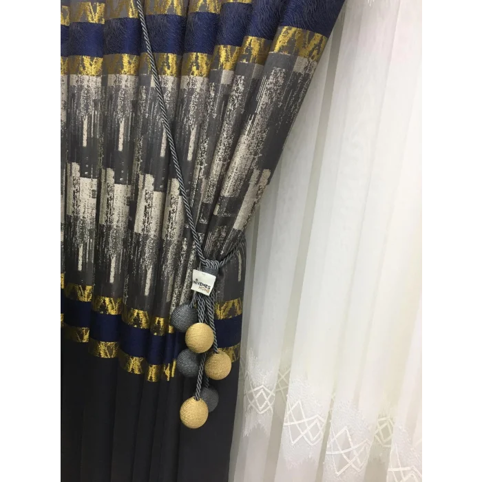 NİVEMESHOME HAYALLİFE ATLAS V-2531 LACİVERT- GOLD 1/3 SIK PİLELİ FON PERDE APM