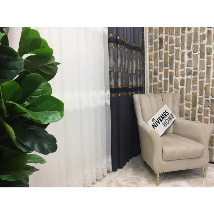 NİVEMESHOME HAYALLİFE ATLAS V-2531 LACİVERT- GOLD 1/3 SIK PİLELİ FON PERDE APM