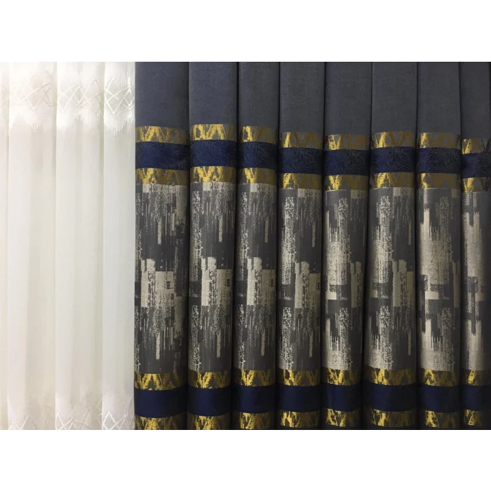 NİVEMESHOME HAYALLİFE ATLAS V-2531 LACİVERT- GOLD 1/3 SIK PİLELİ FON PERDE APM