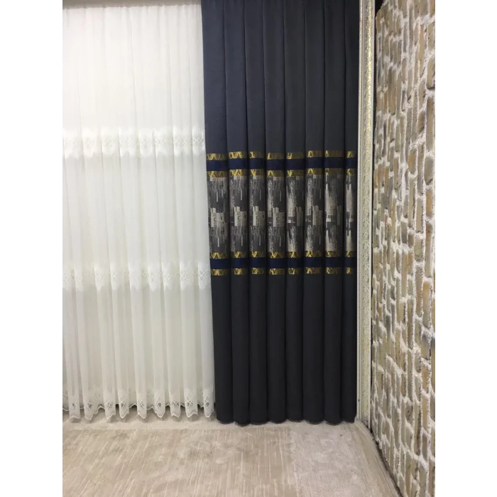 NİVEMESHOME HAYALLİFE ATLAS V-2531 LACİVERT- GOLD 1/3 SIK PİLELİ FON PERDE APM