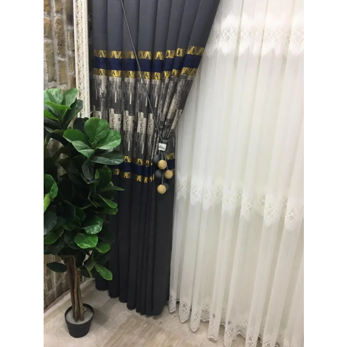 NİVEMESHOME HAYALLİFE ATLAS V-2531 LACİVERT- GOLD 1/3 SIK PİLELİ FON PERDE APM