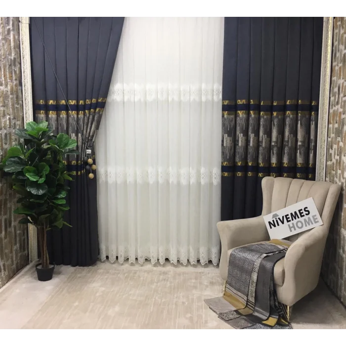 NİVEMESHOME HAYALLİFE ATLAS V-2531 LACİVERT- GOLD 1/3 SIK PİLELİ FON PERDE APM