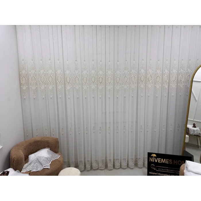 NİVEMESHOME HÜRREM GOLD DETAYLI 1/3 SIK PİLELİ TÜL PERDE APM