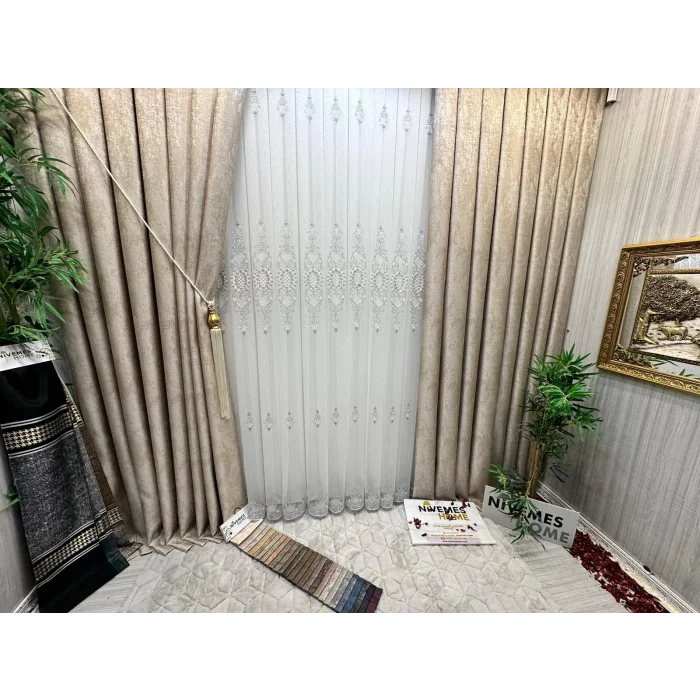NİVEMESHOME HÜRREM GÜMÜŞ DETAYLI 1/3 SIK PİLELİ TÜL PERDE APM